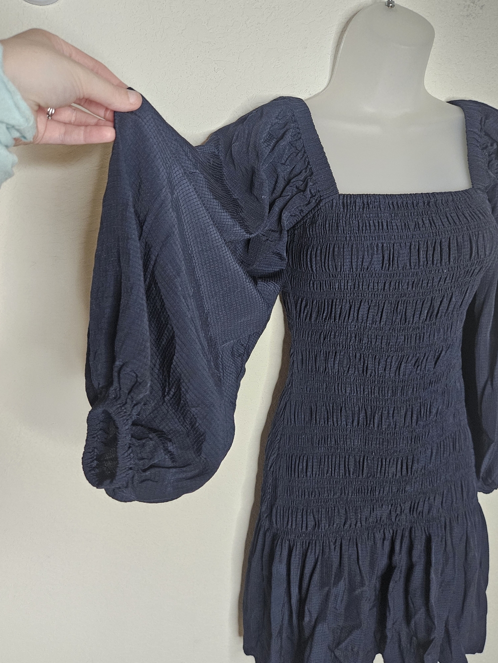 GANNI Ripstop Navy Smocked Mini Dress Puff Peasant Sleeve Square Neck SZ 34 US 4 - Picture 7 of 13